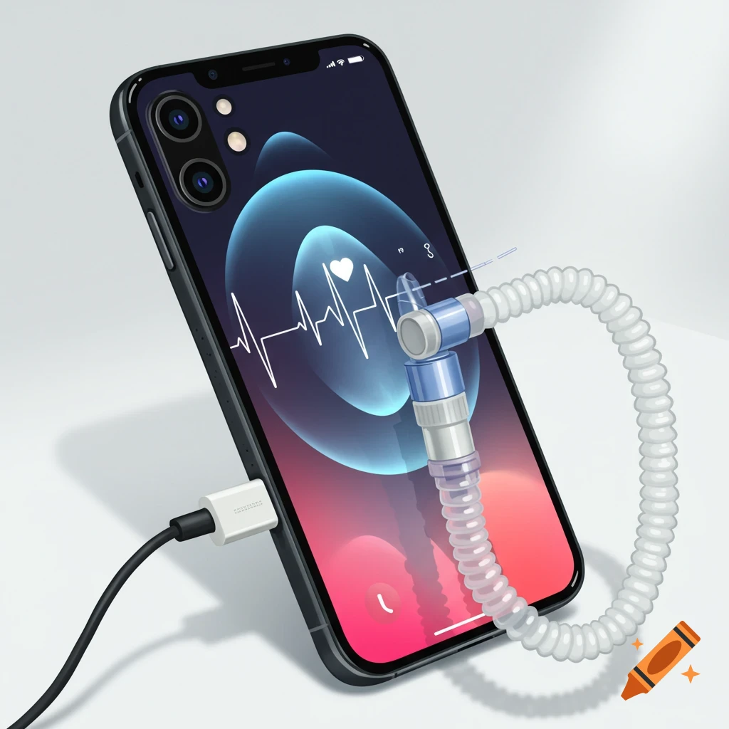 An iPhone displaying a heart monitor graph is connected to a respirator tube.