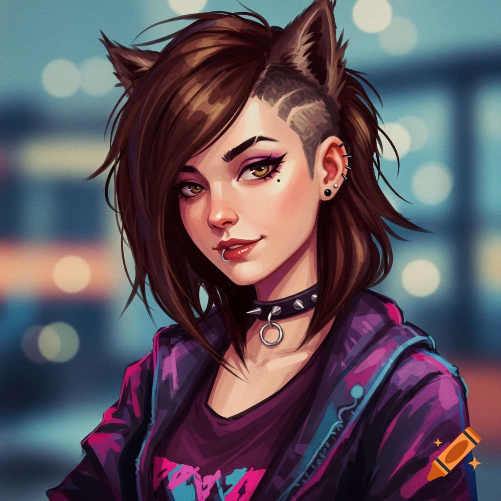 Portrait of a girl with cat ears, brown hair, undercut, piercings, spiked collar, and purple jacket.