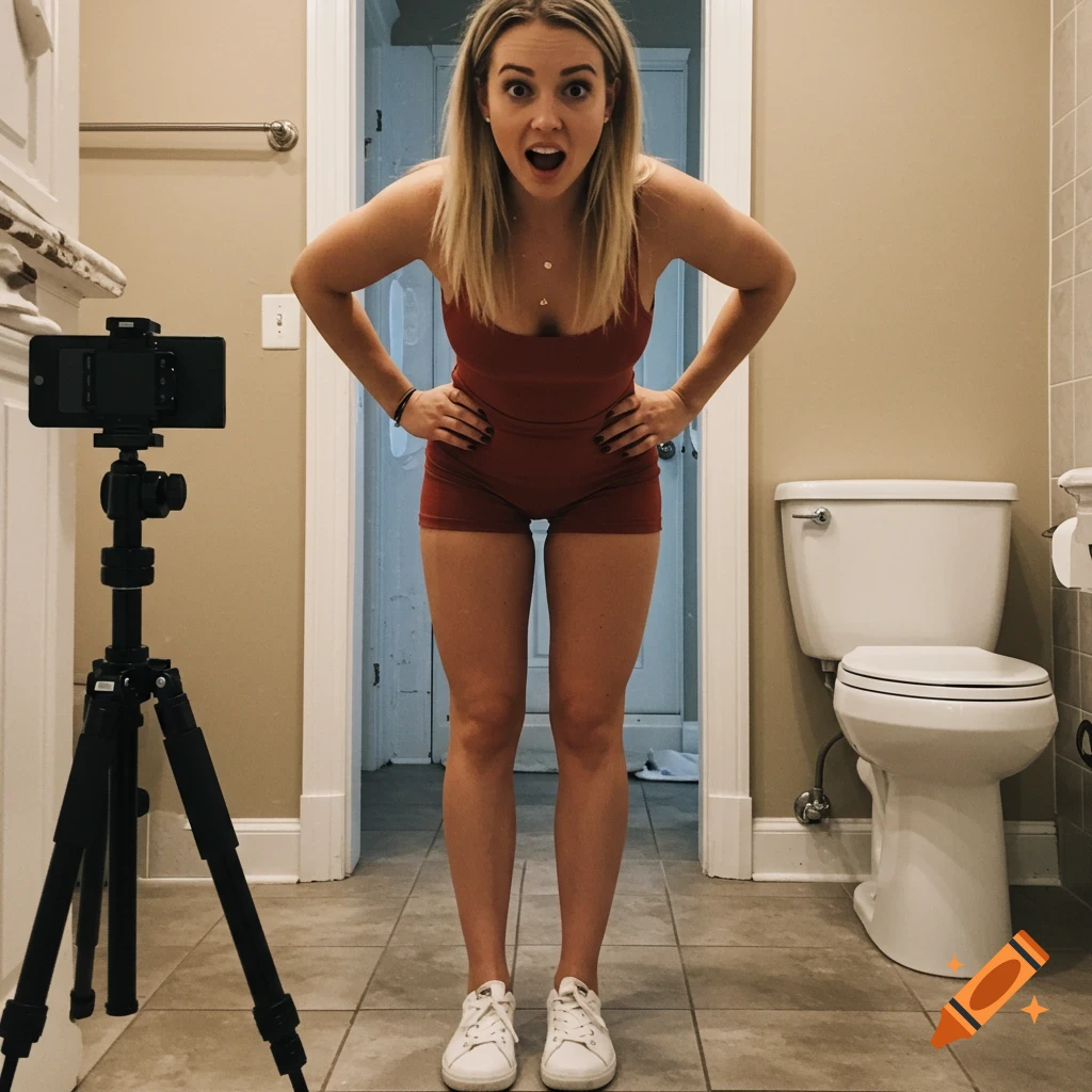 A woman in a red romper poses awkwardly in a bathroom with a camera set up on a tripod.