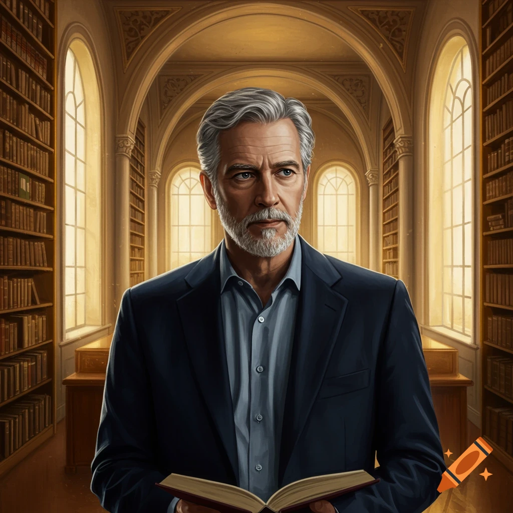 A middle-aged man in a suit holds a book in a library.
