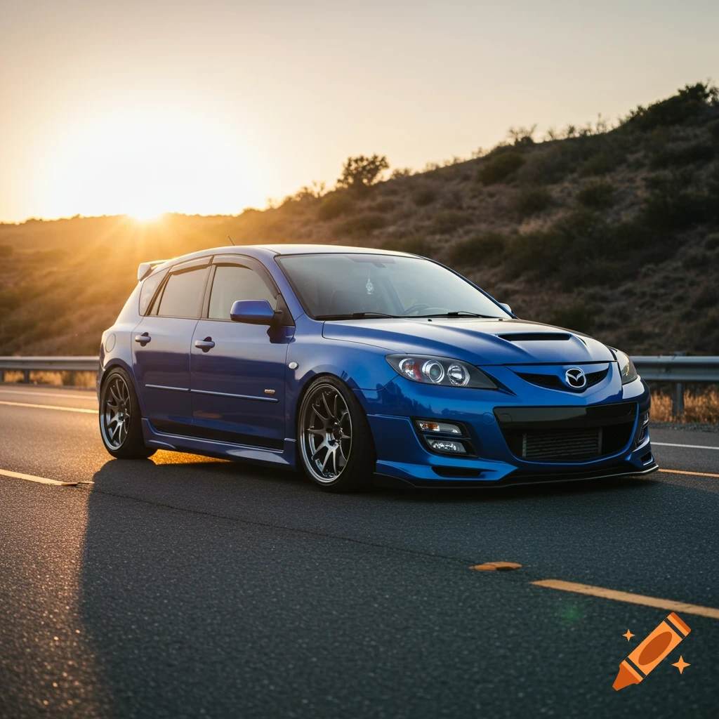 A blue modified Mazda hatchback sits on a road at sunset. The car is lowered with custom wheels.