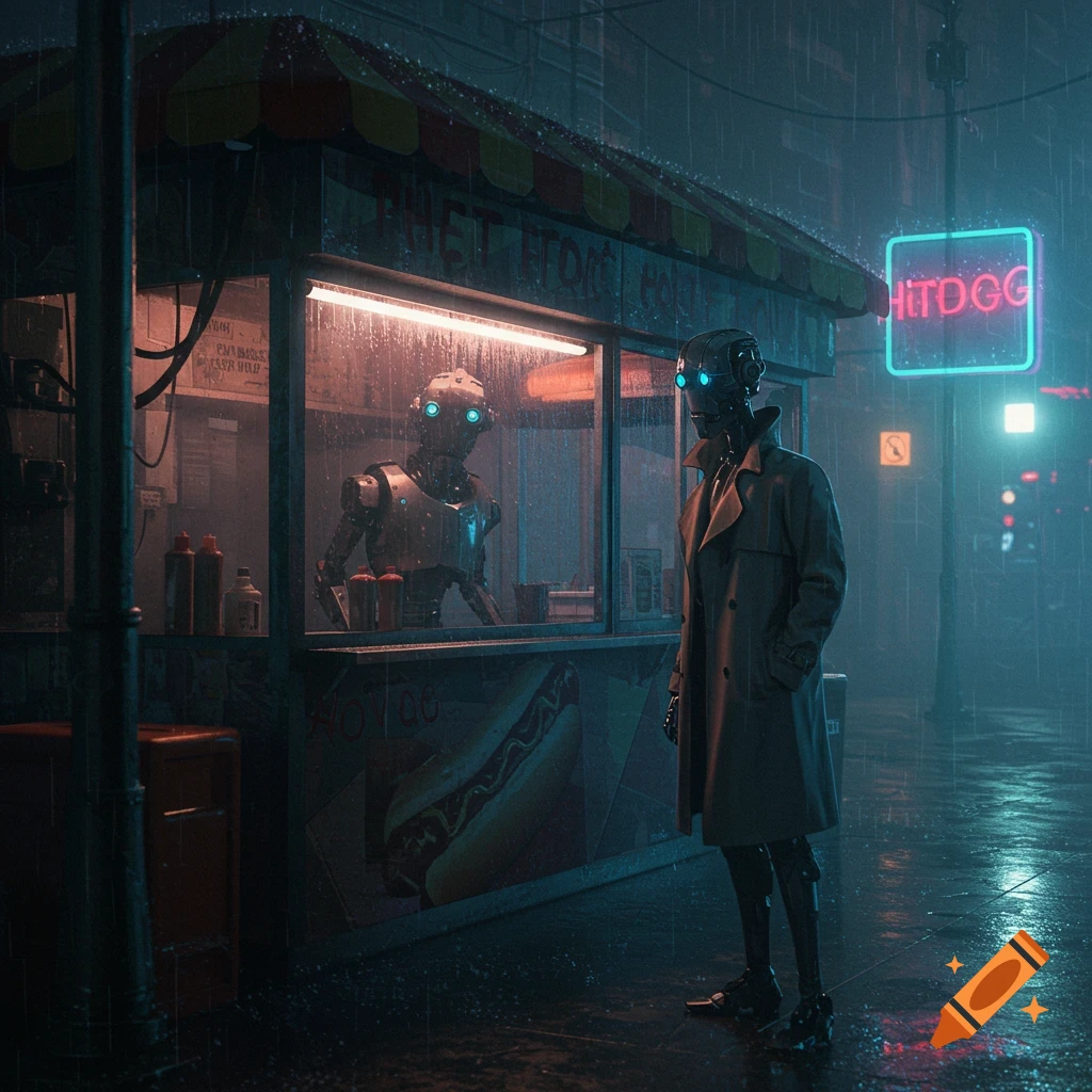 A robot detective stands near a rainy hotdog stand at night, looking at another robot inside, in a sci-fi noir style.