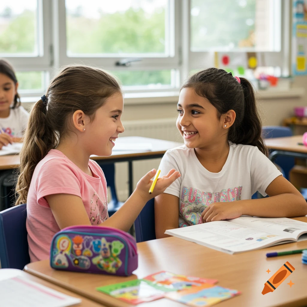 Two elementary school girls talk in a classroom.