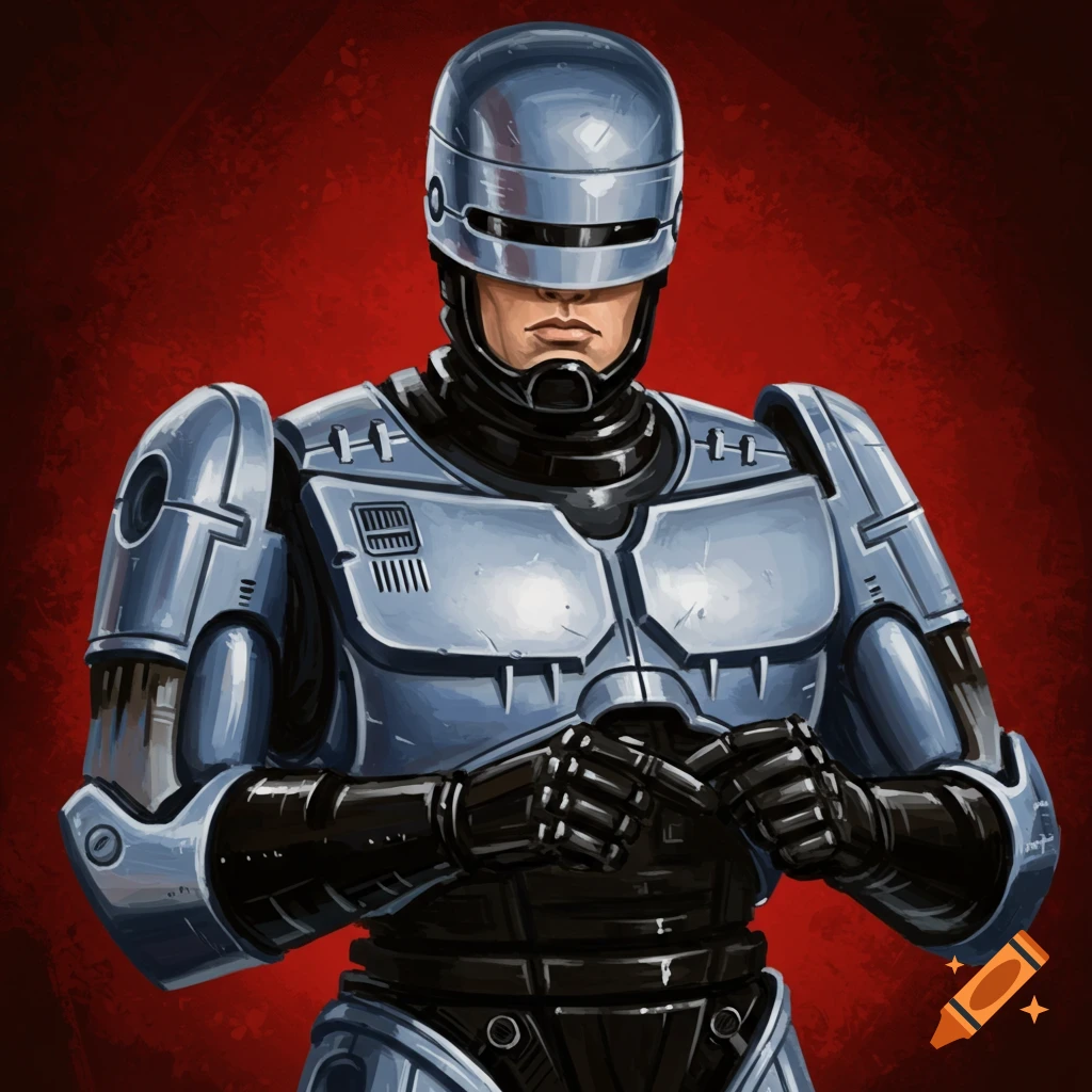 A futuristic cyborg character resembling Robocop on a red background