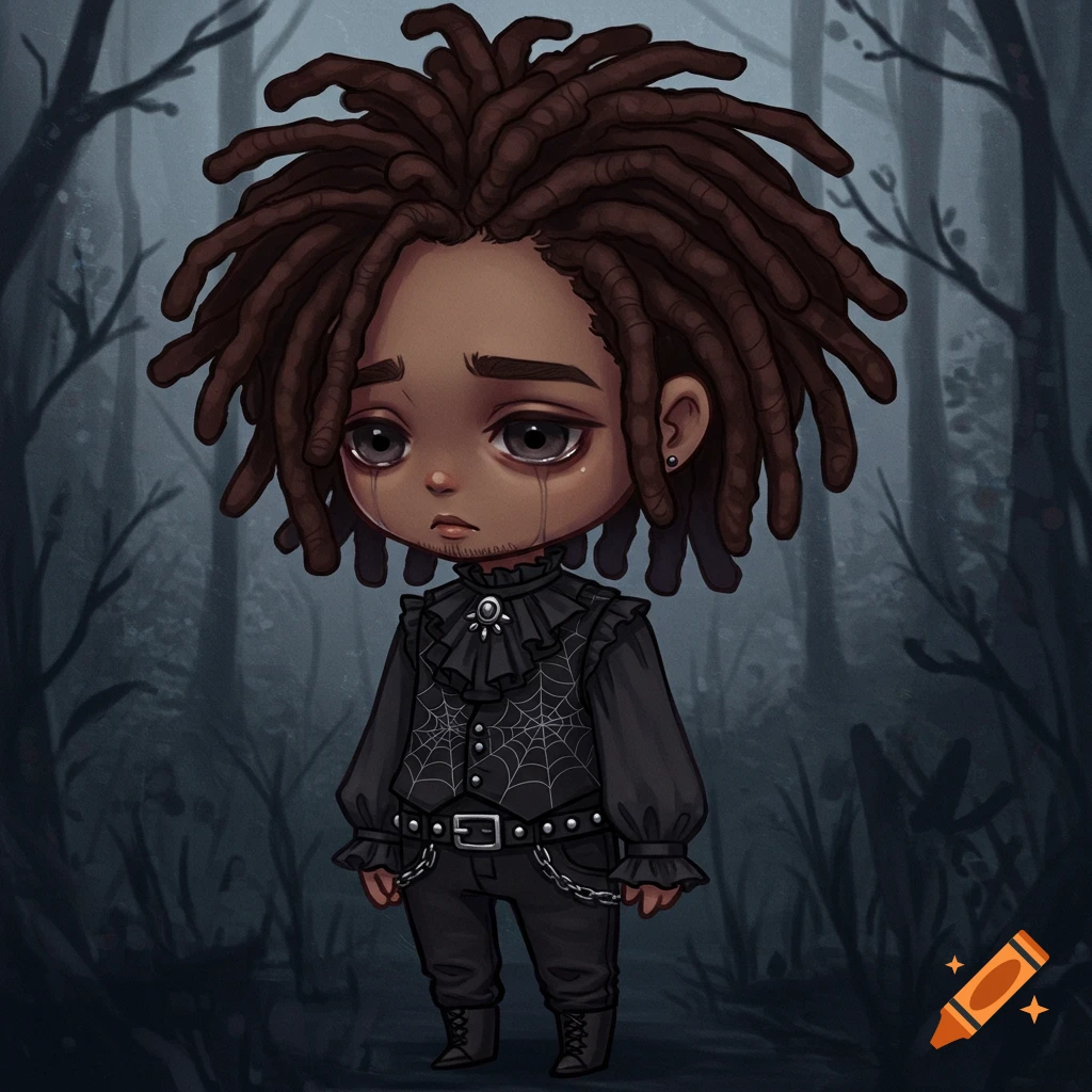 A melancholy chibi character with dreadlocks wearing goth clothes stands in a dark forest.
