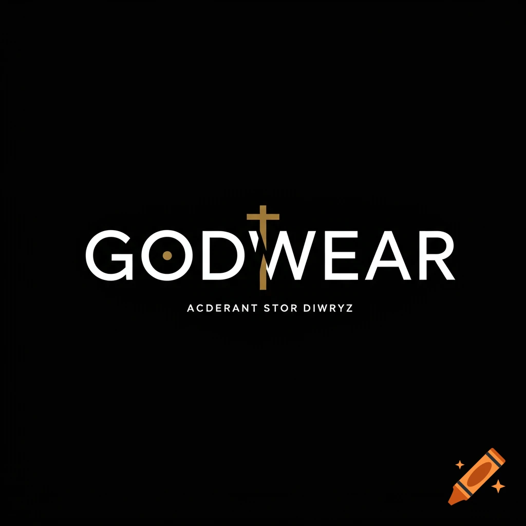 Minimalist logo for GODWEAR with white text and gold cross on black background.