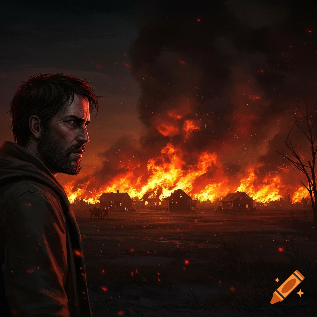 A man watches a village engulfed in flames.