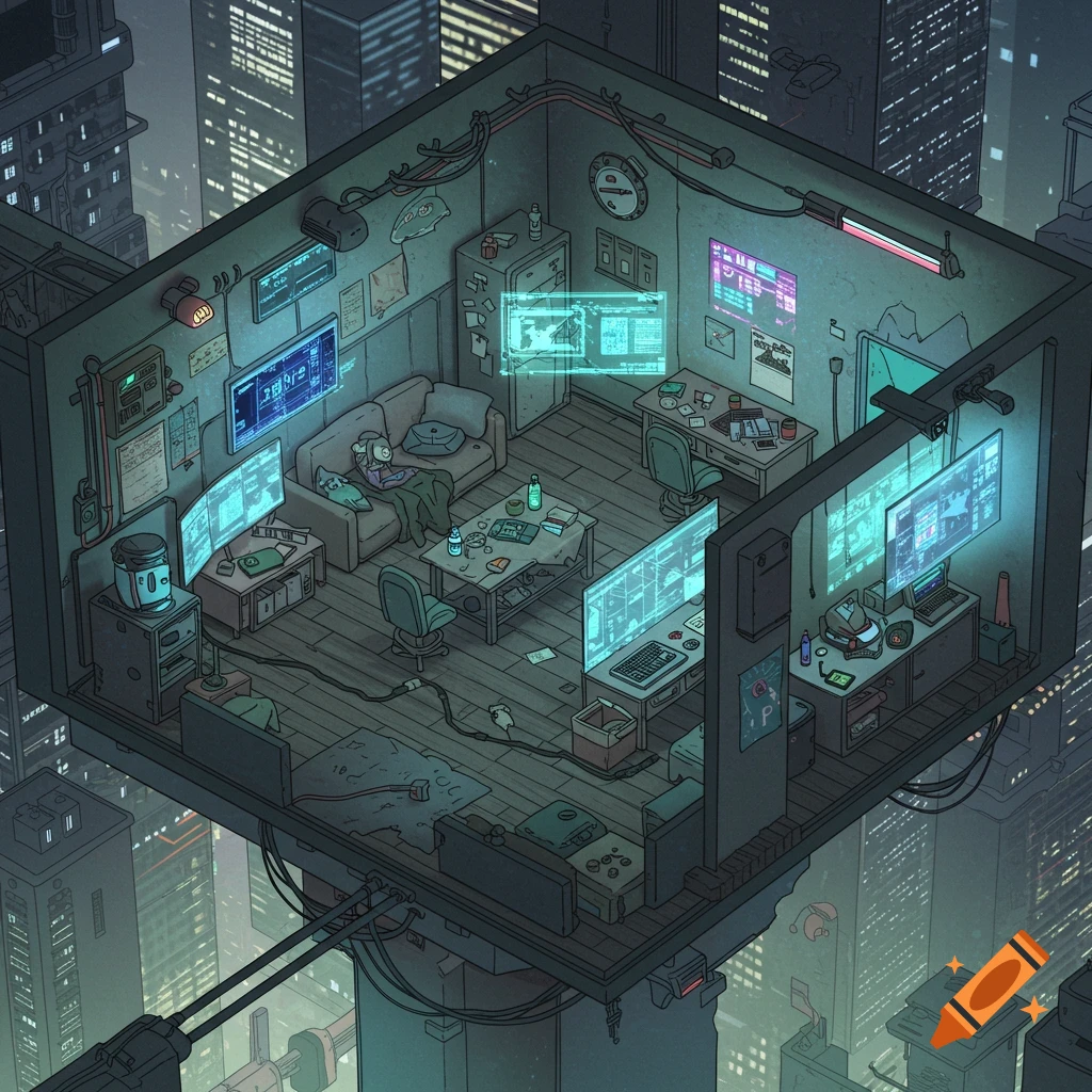 Isometric view of a detailed cyberpunk apartment high above a city, featuring glowing screens and a sleeping person on a couch.