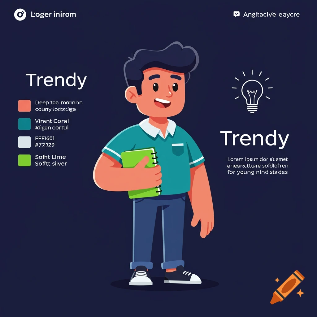 A flat illustration of a smiling young man holding a green notebook, surrounded by text and a lightbulb icon on a dark background.