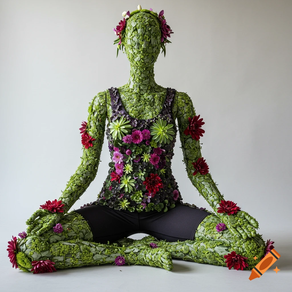 A mannequin covered in green plants and colorful flowers sits in a yoga pose, wearing a tank top and shorts.