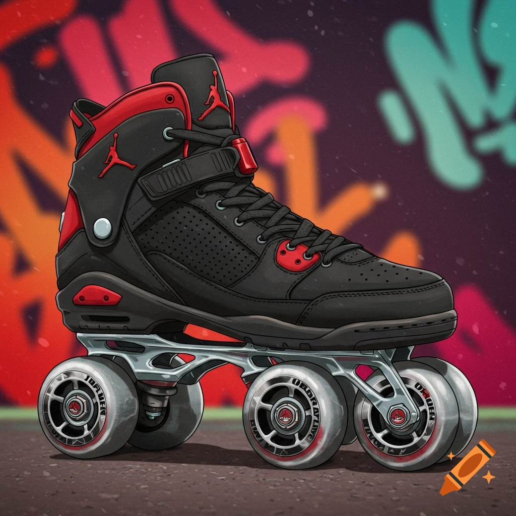 Digital illustration of a black and red roller skate with Jordan branding on a street with a graffiti background.