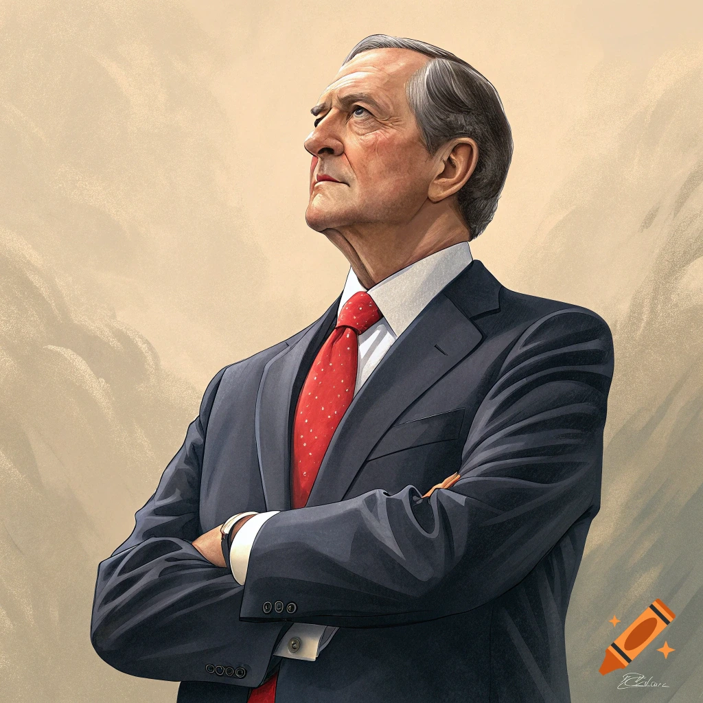 Painterly portrait of a man in a suit and red tie with arms crossed looking up.