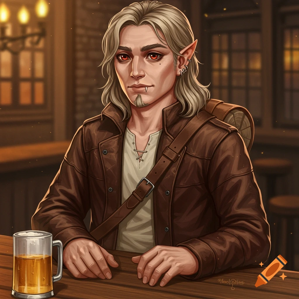 Fantasy portrait of a dhampir adventurer with fangs & pointy ears, sitting at a tavern table with a beer.