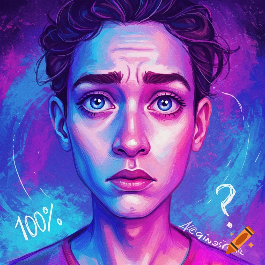 A young person with wide blue eyes and a worried expression, rendered in vibrant pink and blue tones with text saying '100%' and a question mark in the background.