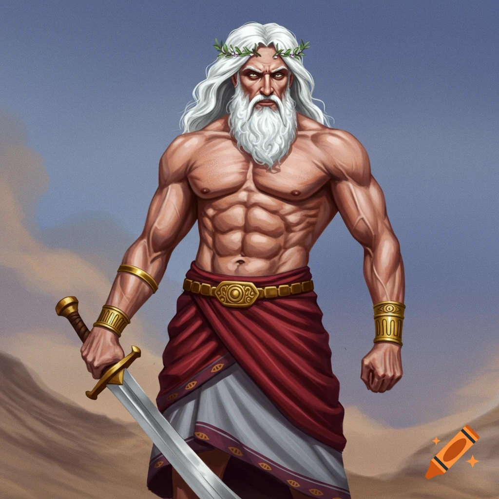A muscular man resembling Zeus with white hair, beard, laurel crown, toga, and sword in a desert.
