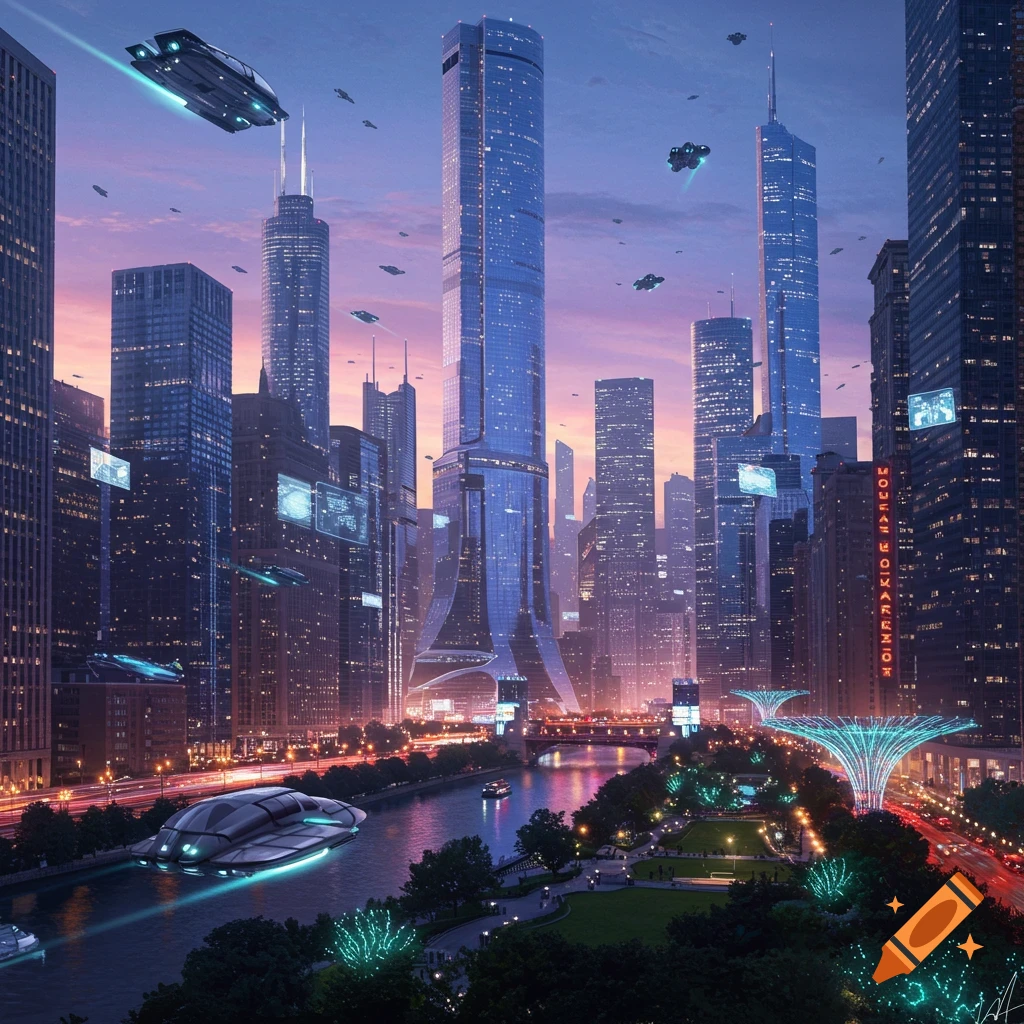 A futuristic city skyline at sunset with tall buildings, flying cars, a ...