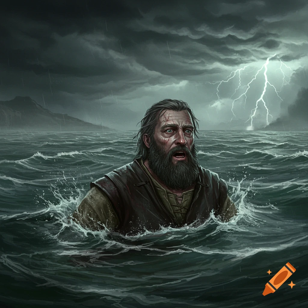 A distressed sailor in rough seas during a lightning storm.