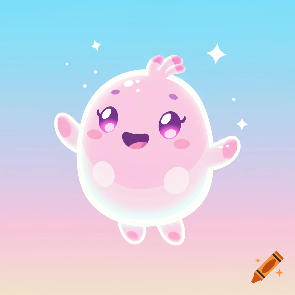 Cute pink bubble monster with sparkly eyes floats on a pastel gradient background.
