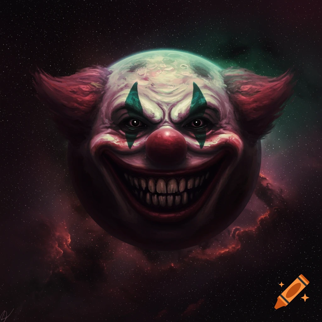 A sinister clown face on a planet in deep space.