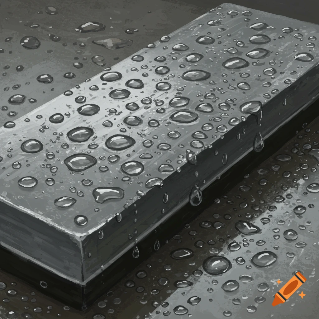 Water droplets on a dark, grey surface.