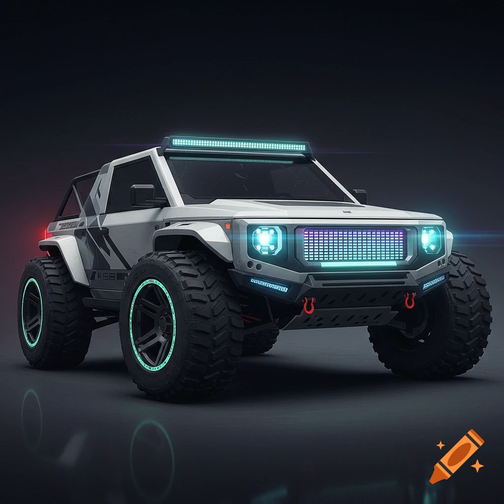 A white futuristic cyberpunk off-road vehicle with glowing blue and purple lights and large tires.