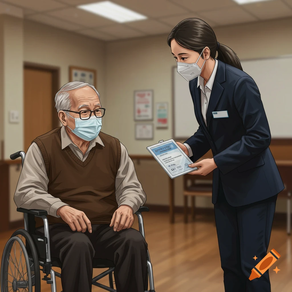 A salesperson showing a document to an older person in a wheelchair, both wearing masks in a retirement home.