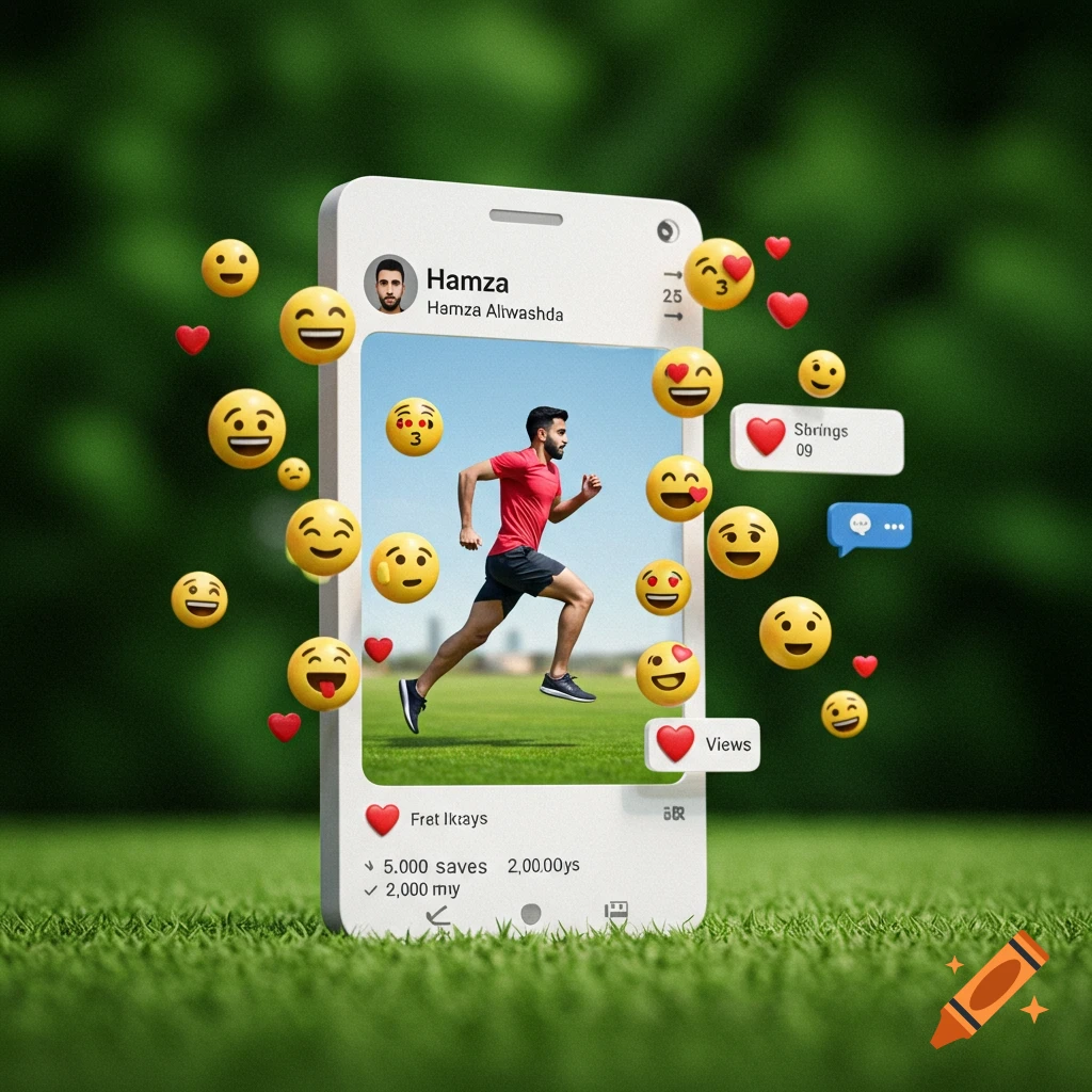 Digital art of a man running outside a social media frame surrounded by emojis and hearts on a grassy background.
