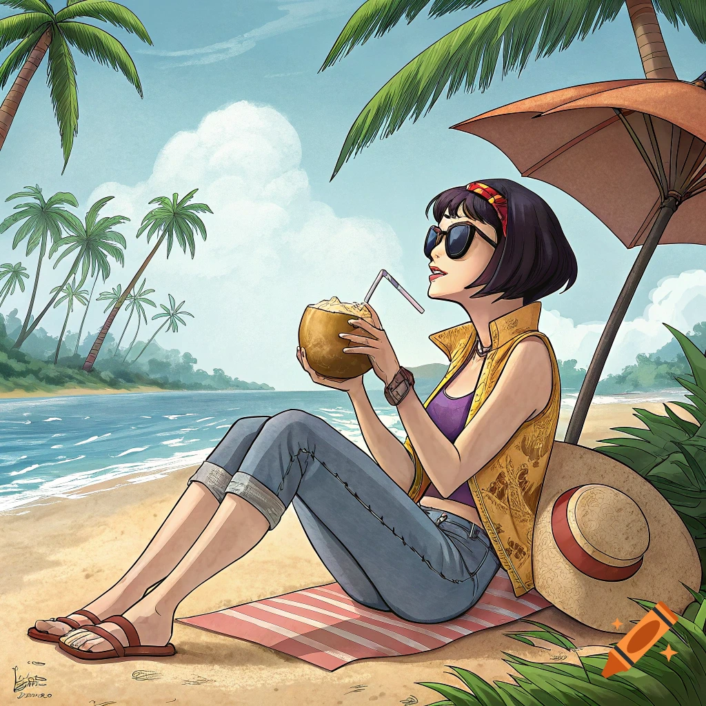 Anime illustration of a woman on a beach drinking from a coconut