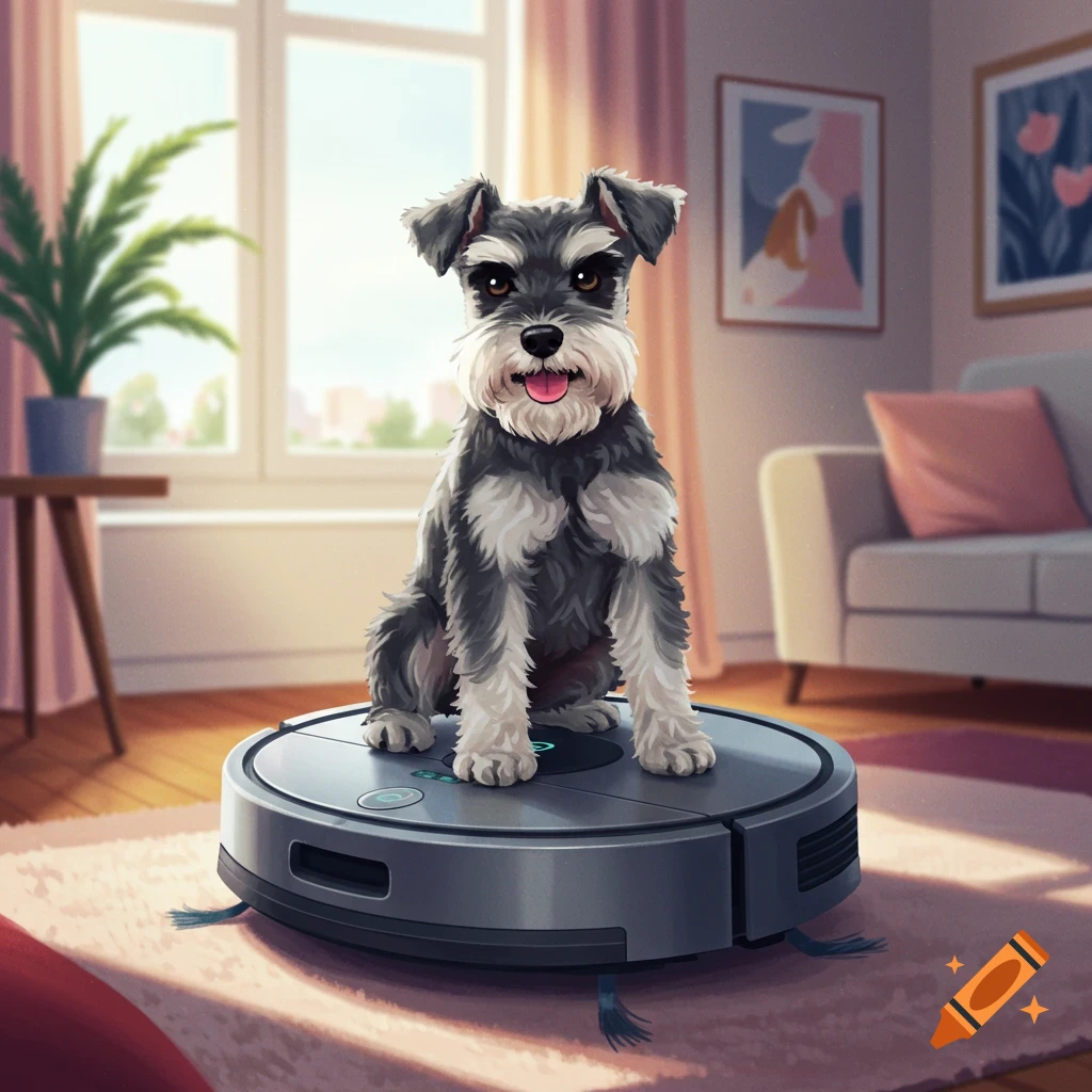 A Schnauzer dog sits on a robot vacuum cleaner in a sunlit living room.