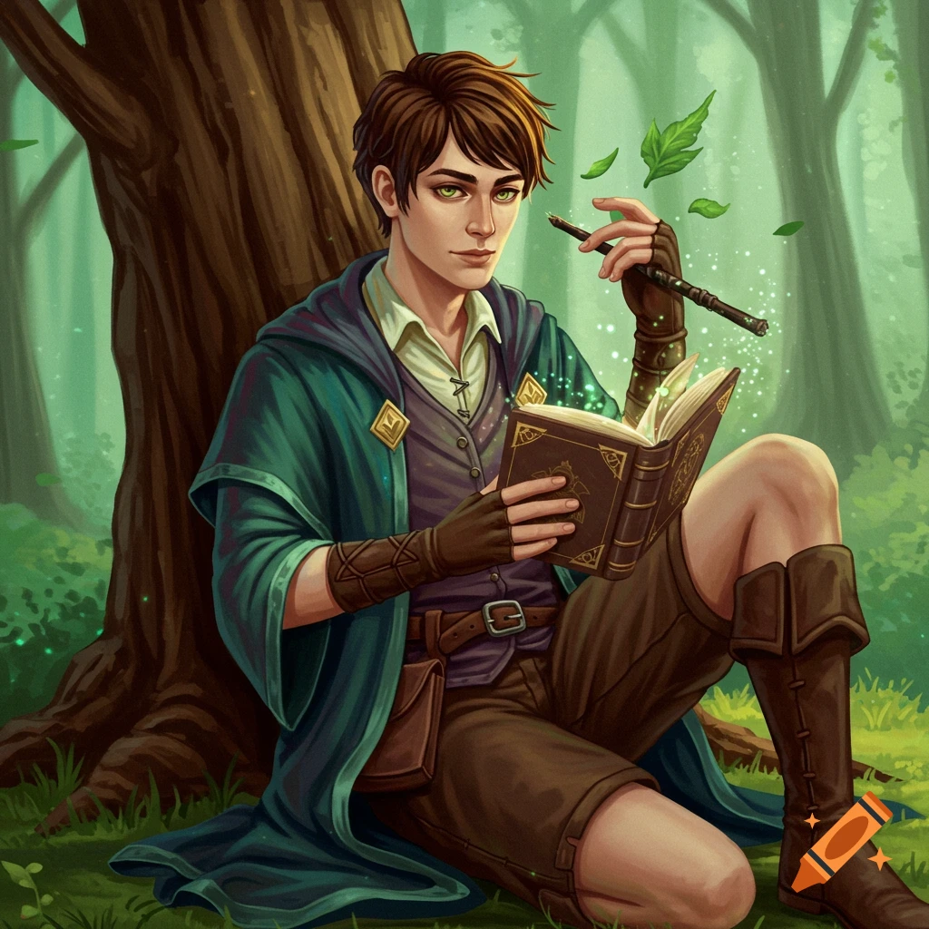 A young wizard reading a spellbook by a tree in a forest.