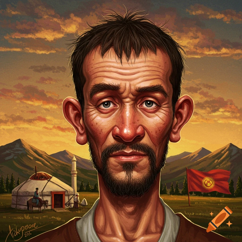 A portrait of a man with a bad haircut in a landscape with a yurt, mosque, and flag of Kyrgyzstan.