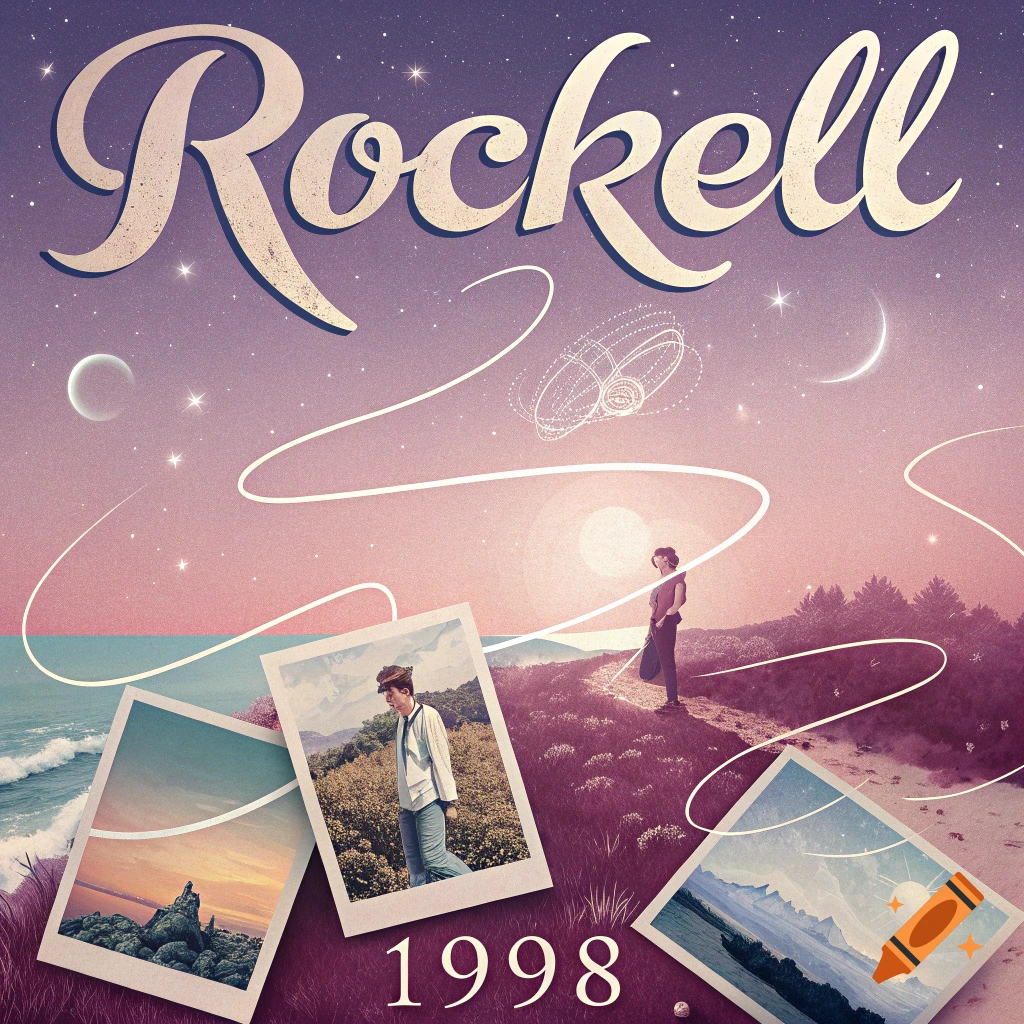 Album cover with 'Rockell 1998' text, featuring a person on a hill, snapshots of landscapes, and a starry twilight sky.
