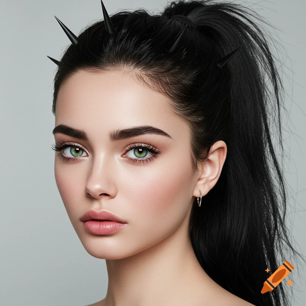 Close-up portrait of a woman with green eyes and spikes in her black ponytail.