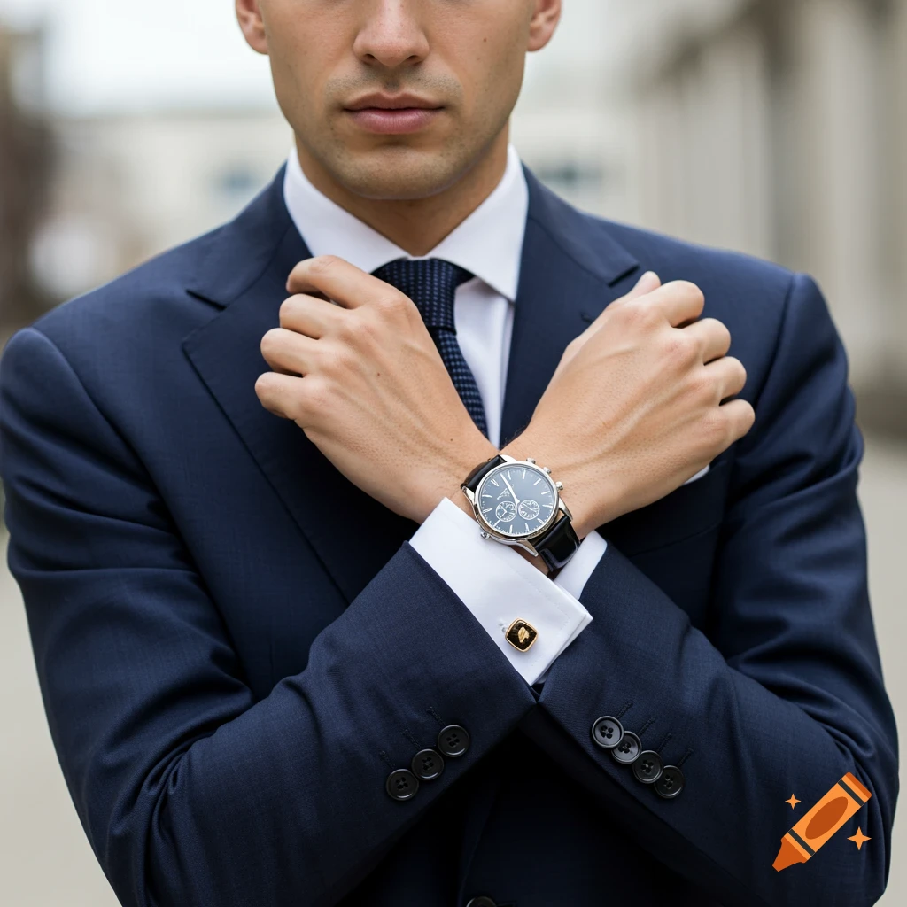 Man in a navy suit with crossed arms displaying a watch and cufflink