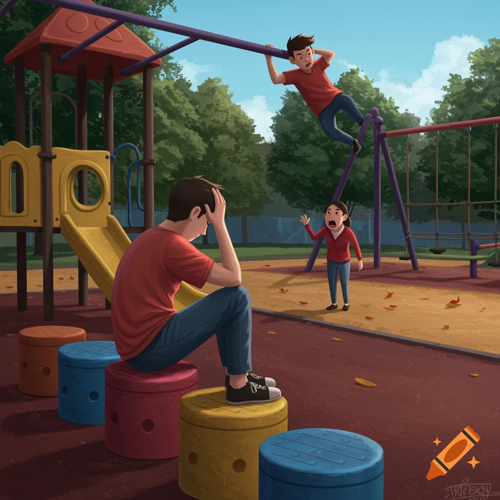 A distressed child sits on blocks, another child is on monkey bars, and a parent is yelling in a playground.