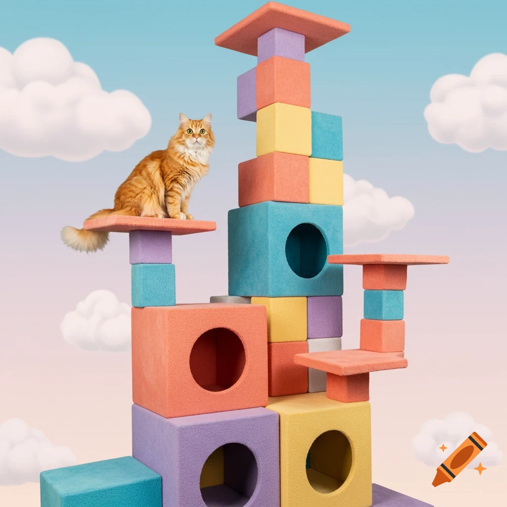 An orange cat sits on a colorful, cube-shaped cat tree under a whimsical sky.