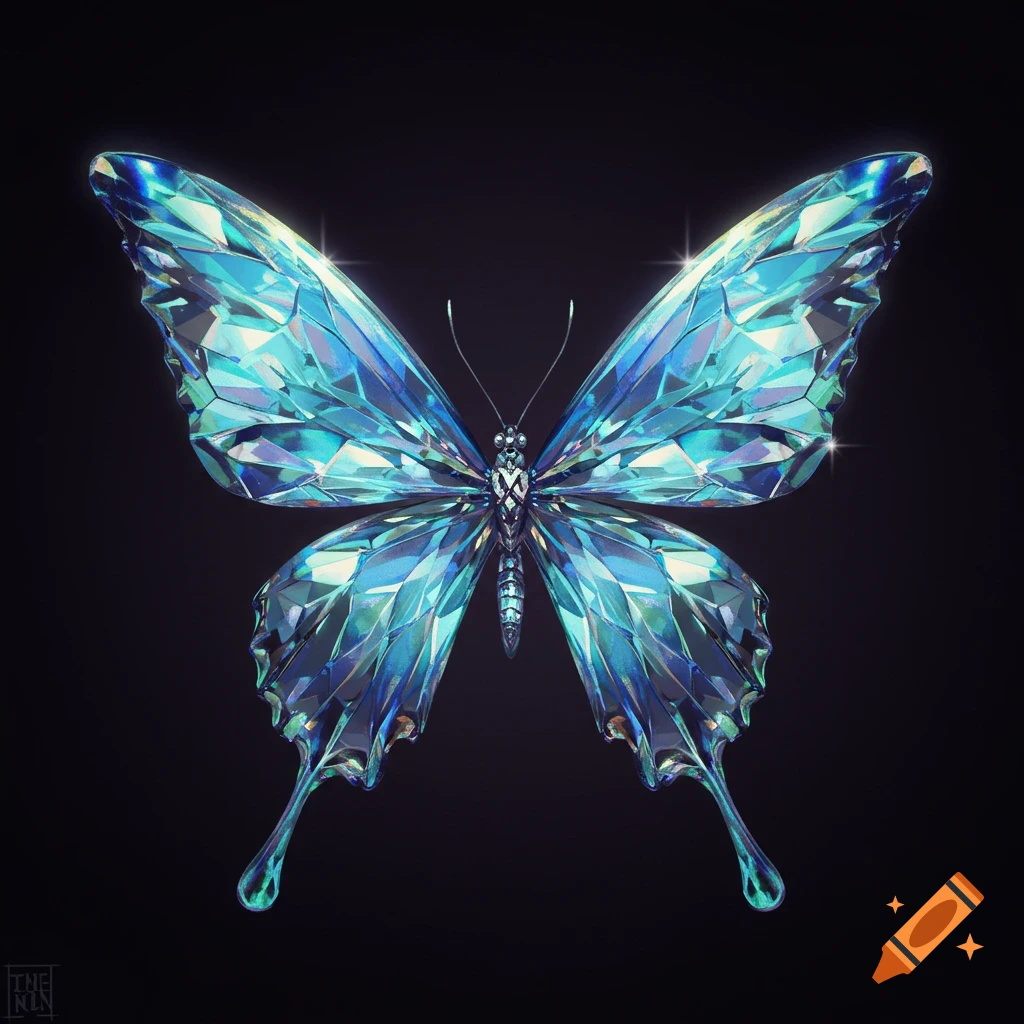 A butterfly made of blue and green diamond facets on a black background.