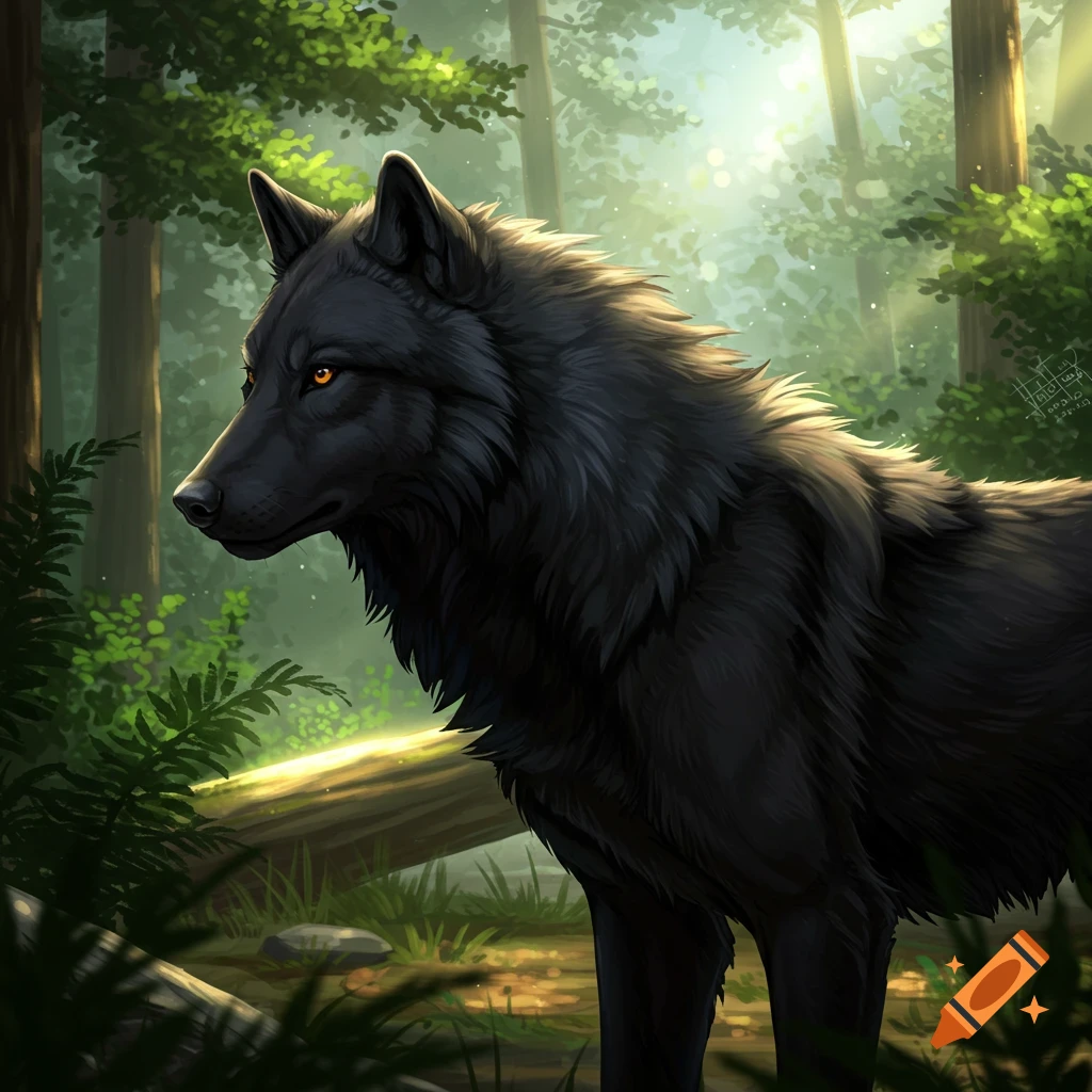 A black wolf with orange eyes standing in a sunny forest clearing.