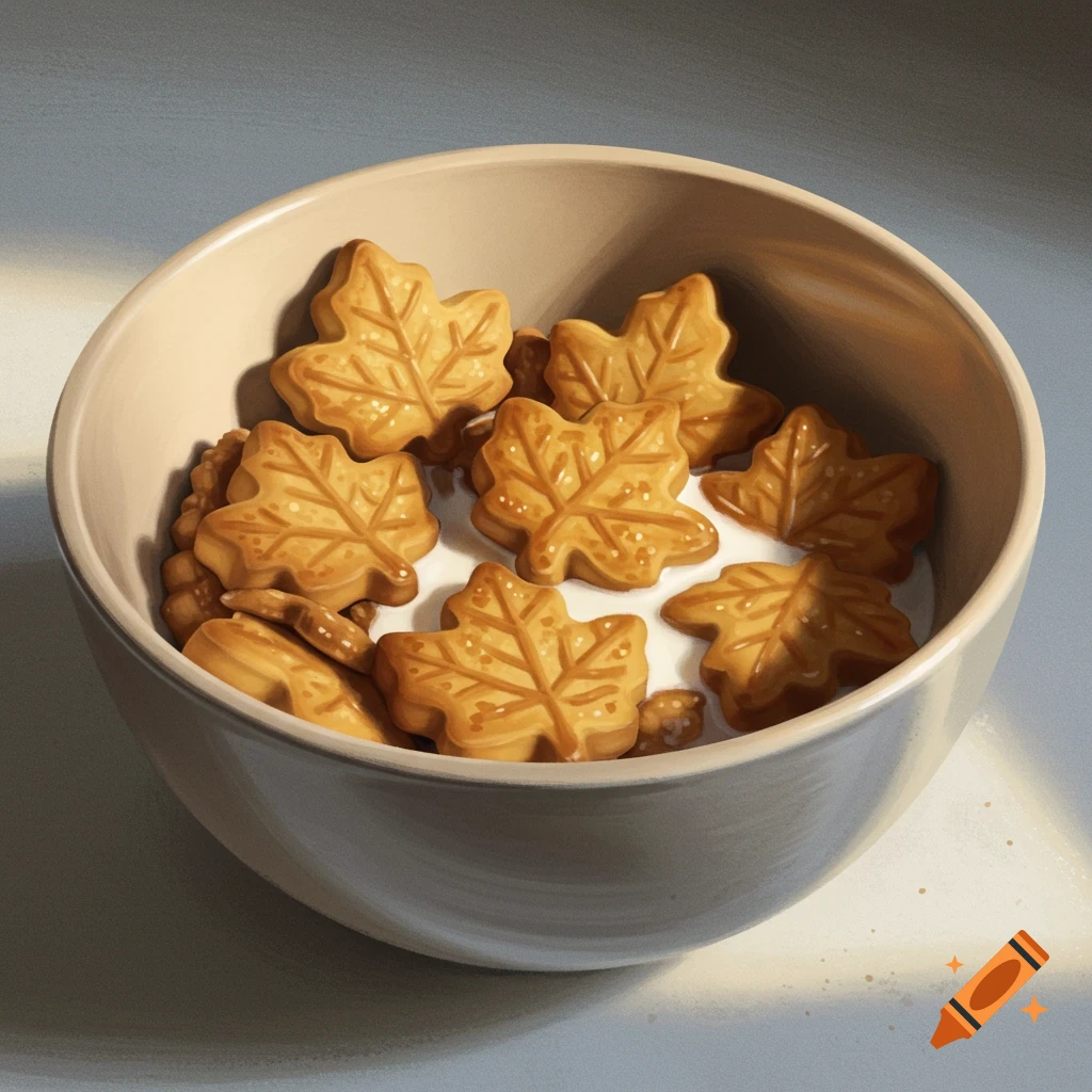 maple leaf shaped cookies in a bowl with milk