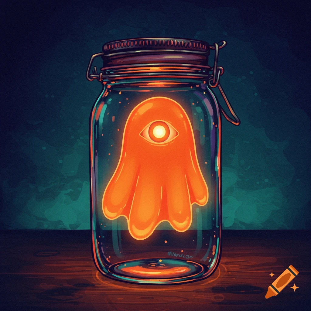 A glowing orange one-eyed ghost inside a mason jar