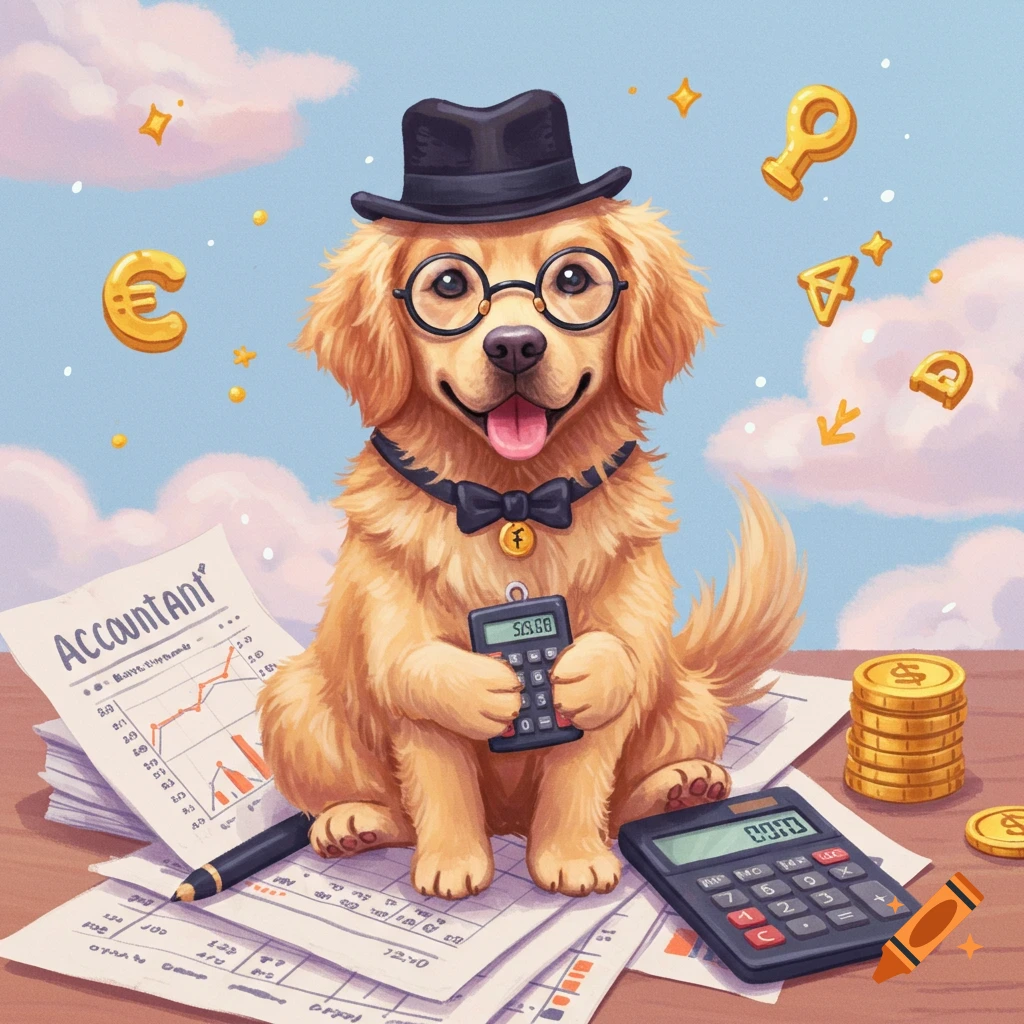 A cartoon golden retriever dog dressed as an accountant with glasses, hat, and calculator, surrounded by papers and currency symbols.