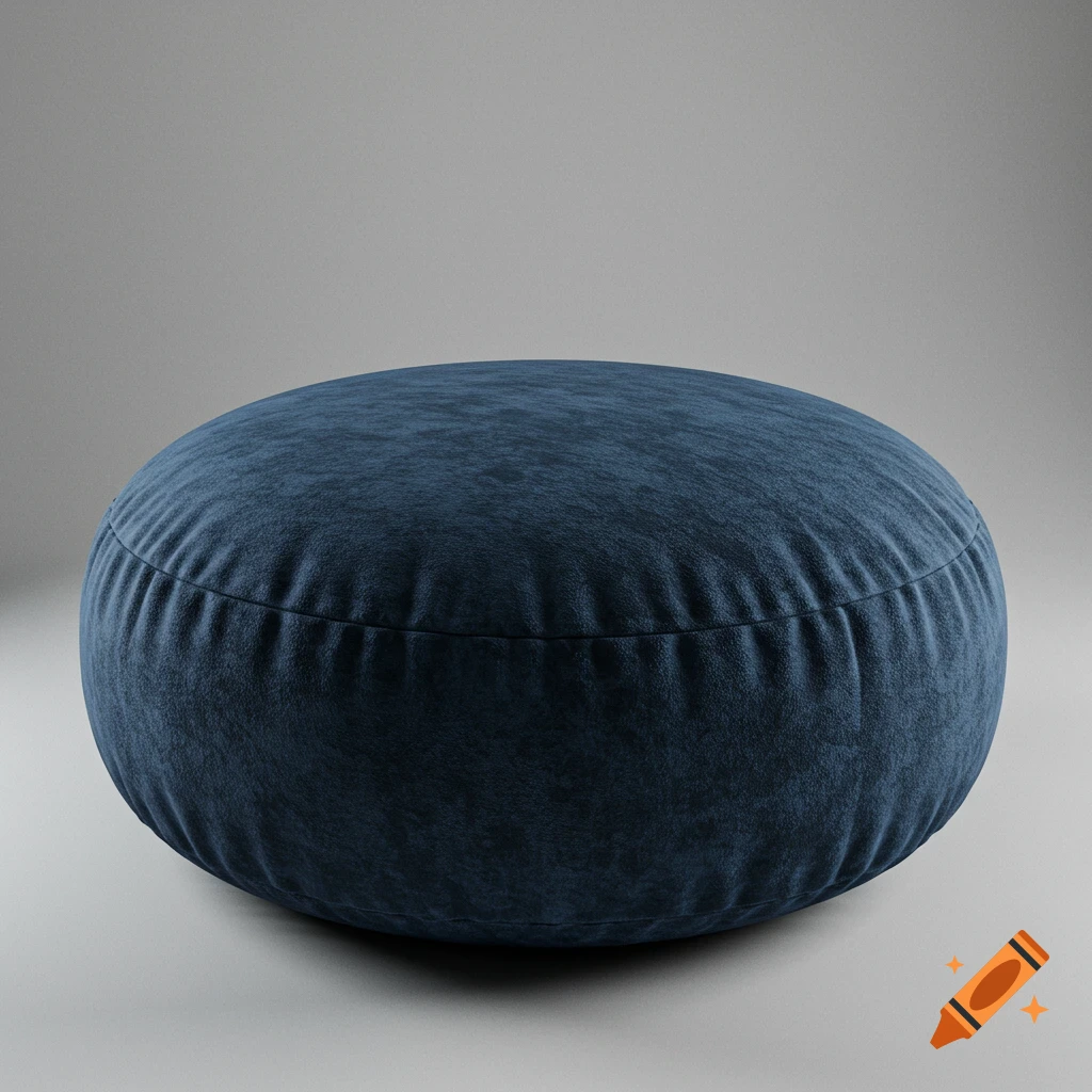A hyper realistic blue pouf on a grey background.