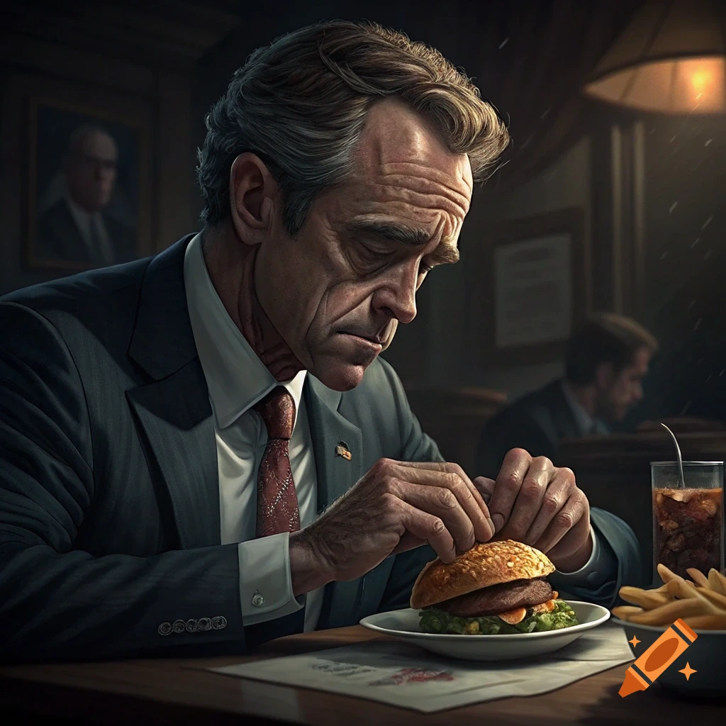A man in a suit sits at a restaurant table, about to eat a hamburger and fries. Photorealistic style.