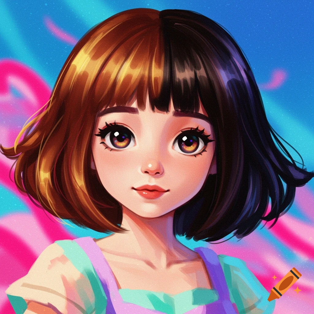 A young girl with split brown and black hair stands against a vibrant pink and blue background.