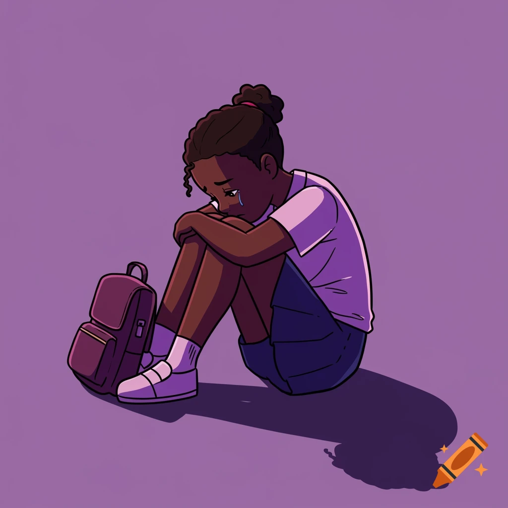 Illustration of a sad schoolgirl curled up on the floor next to her backpack.