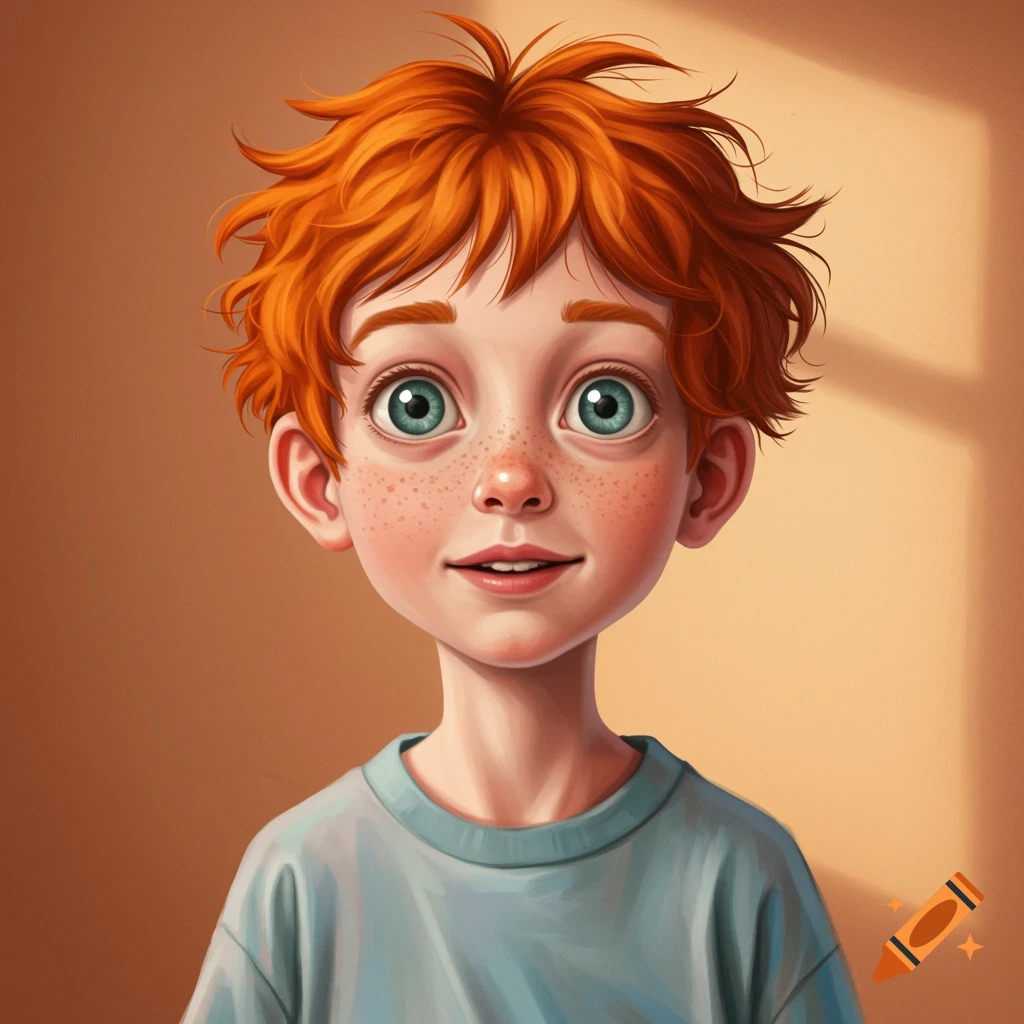 A boy with red hair and freckles in a children's book illustration style.
