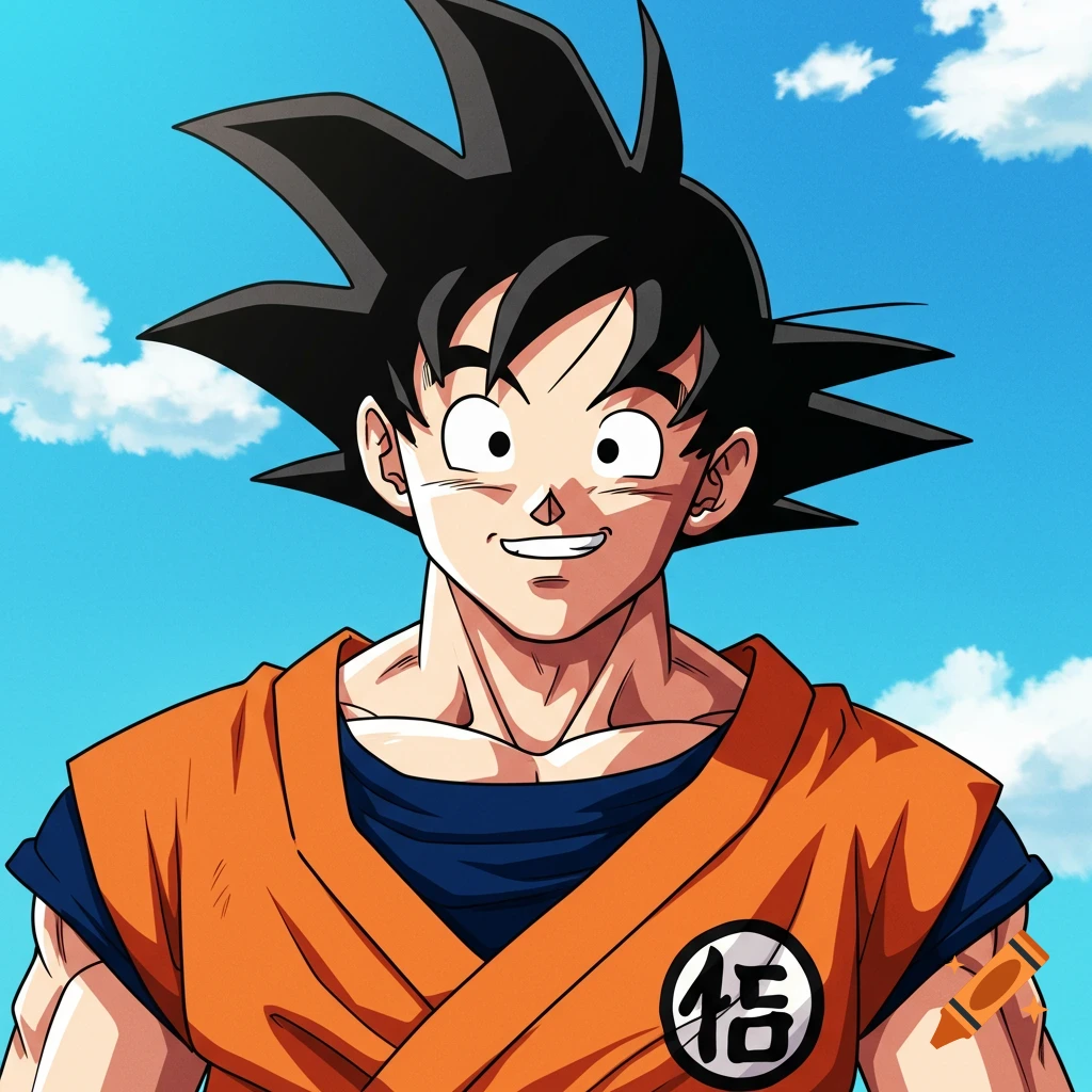 Illustration of Son Goku smiling against a blue sky.
