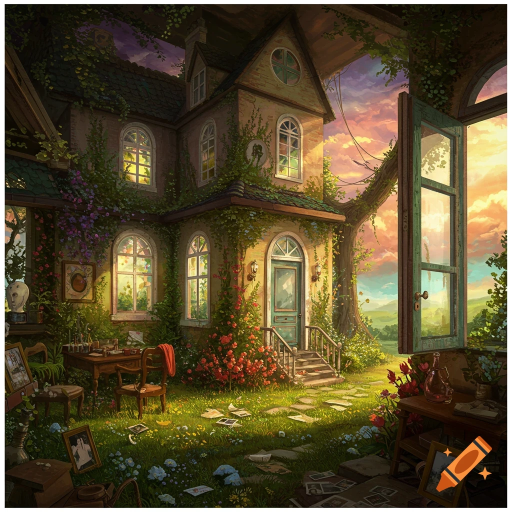 An overgrown house with an open door and window, scattered photos in the grass, under a vibrant sunset.