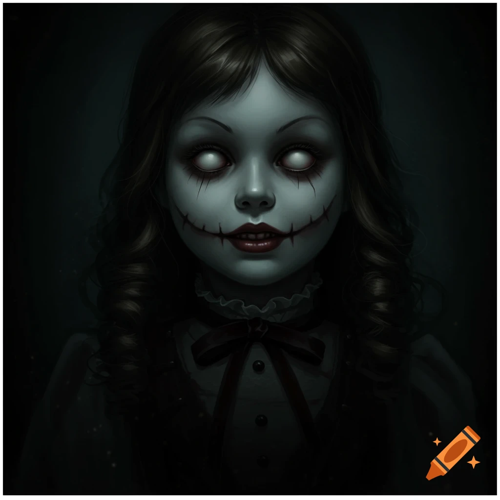 A creepy doll with stitched smile and glowing white eyes in a dark setting.