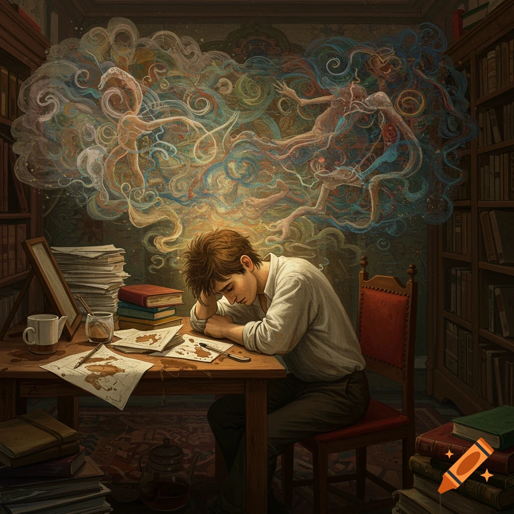 A person slumped over a desk in a room with swirling, colorful abstract forms emerging from their head.